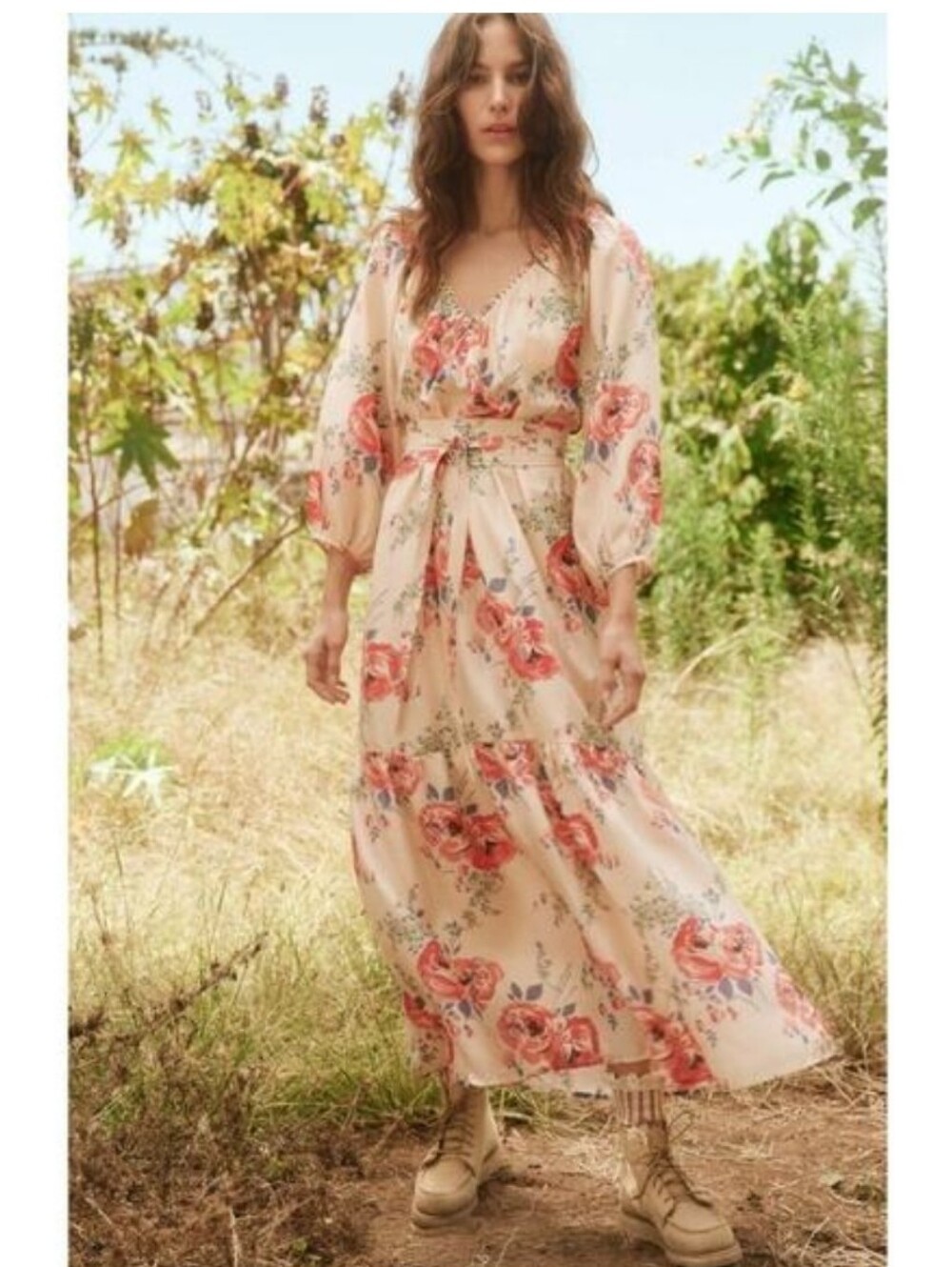 NWT THE GREAT. The Vistage Silk Echo Rose Print  V-Neck Tiered Maxi Dress - Picture 2 of 10